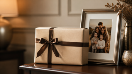 Personalized photo frame gift with satin ribbon