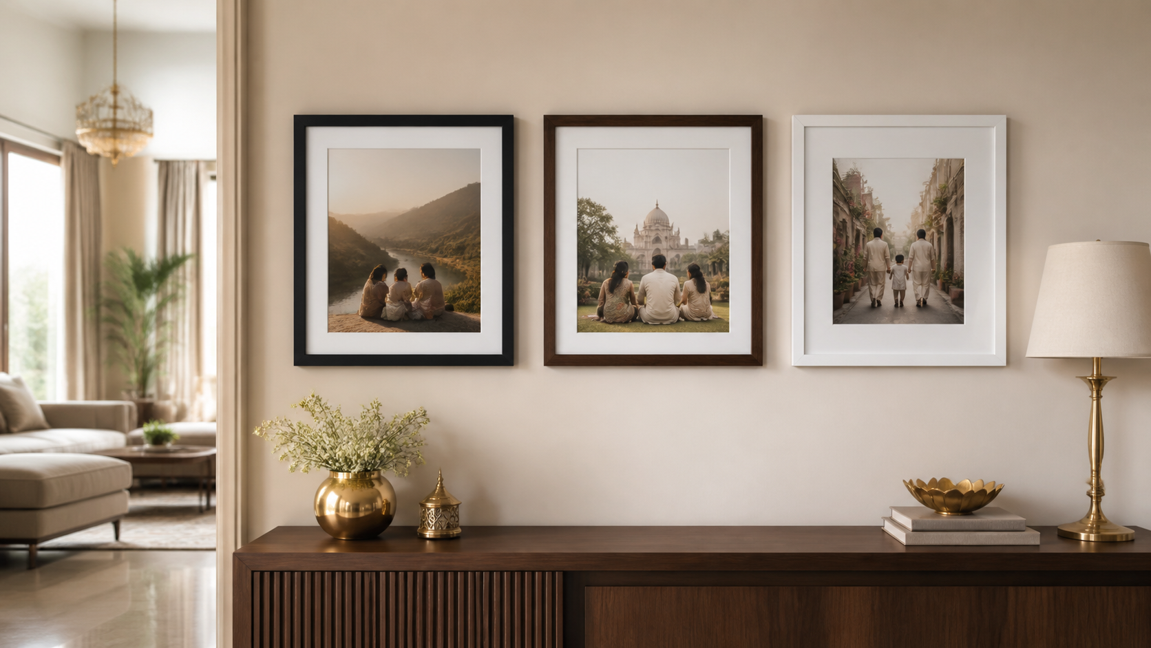 Elegant gallery wall with custom photo frames