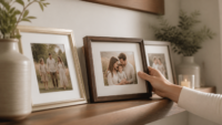 Family photos styled in elegant frames on a shelf