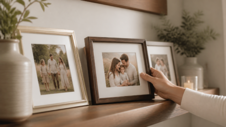 Family photos styled in elegant frames on a shelf