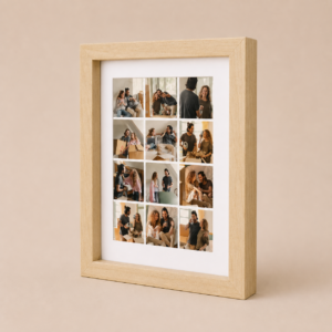 Wood collage frame hero angle with 12-photo portrait layout on warm beige background
