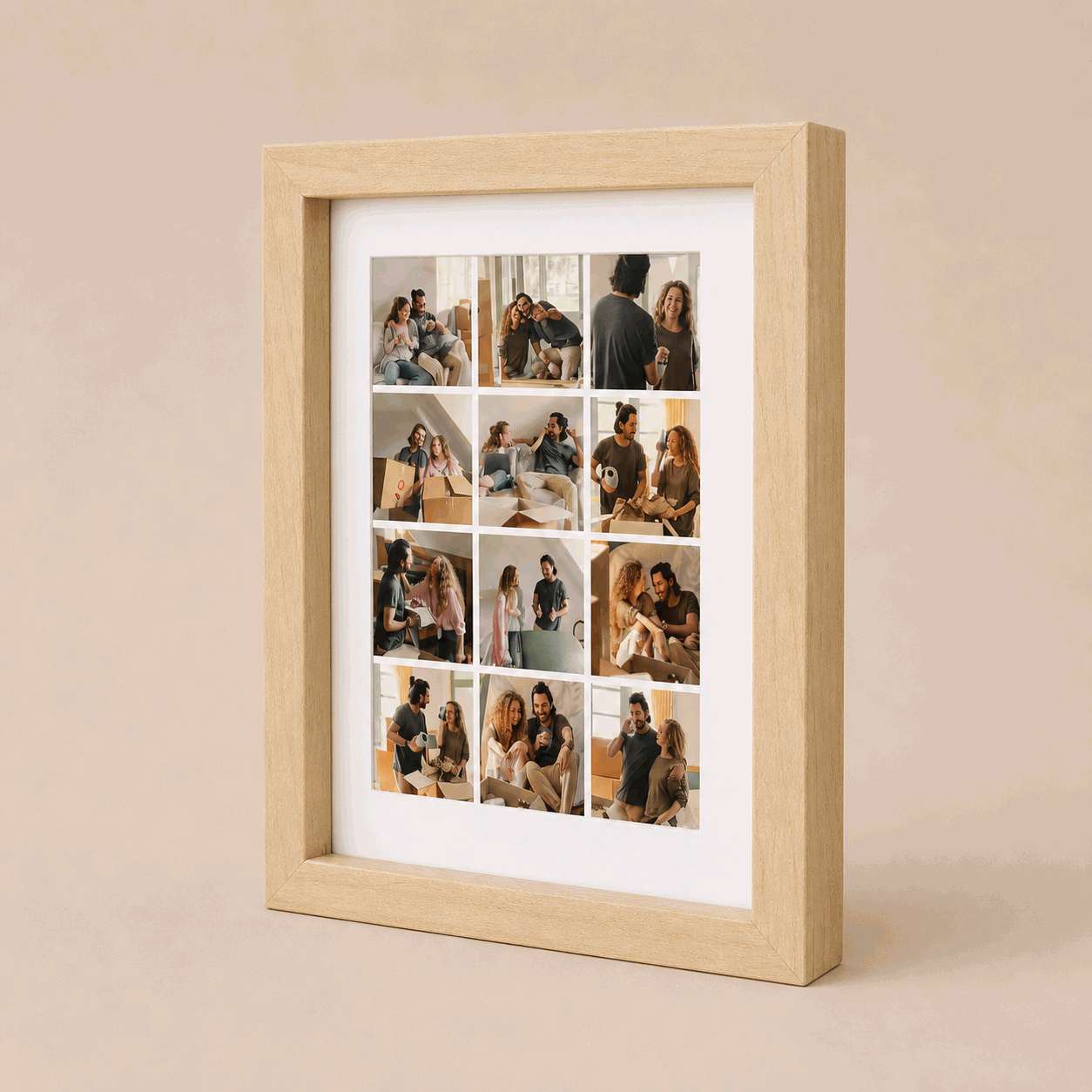Wood collage frame hero angle with 12-photo portrait layout on warm beige background
