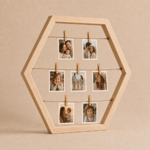 Hexagon wooden polaroid frame angle view with family photo cards on matte beige background