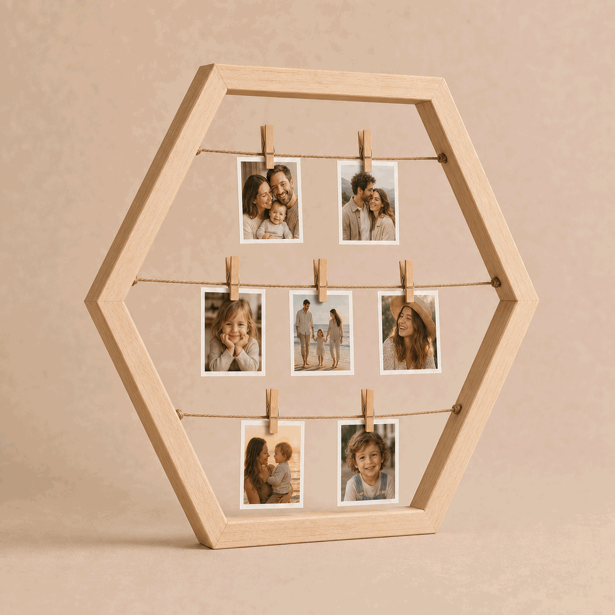 Hexagon Wooden Polaroid Frame Angle View With Family Faces