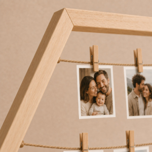 Close-up detail of hexagon wooden polaroid frame with family photo cards