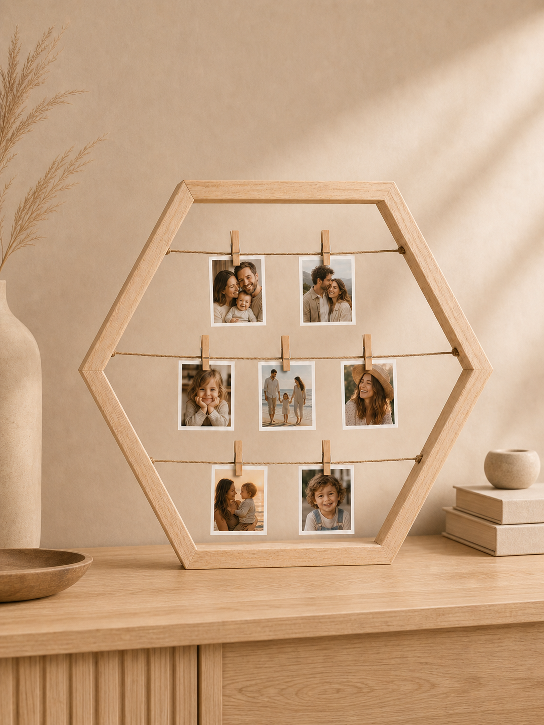 Hexagon Wooden Polaroid Frame Lifestyle View With Family Faces