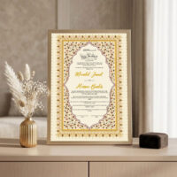 Golden Floral Arch Nikkah Certificate Golden frame on console beside golden vase