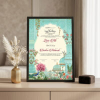 Mughal Garden Turquoise Nikkah Certificate Black frame on console beside golden vase