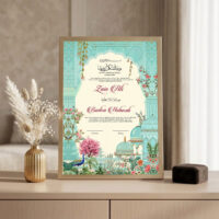 Mughal Garden Turquoise Nikkah Certificate Golden frame on console beside golden vase