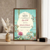 Mughal Garden Turquoise Nikkah Certificate Brown wood-grain frame on console