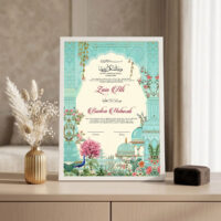 Mughal Garden Turquoise Nikkah Certificate White frame on console beside golden vase