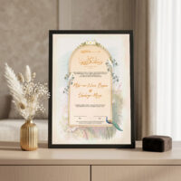 peacock arch nikah certificate frame Black frame on console beside golden vase