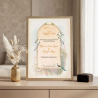 peacock arch nikah certificate frame Golden frame on console beside golden vase