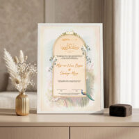 peacock arch nikah certificate frame White frame on console beside golden vase