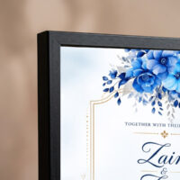 royal blue floral nikah invitation frame Black upper-left frame corner close-up