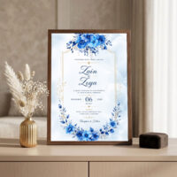 royal blue floral nikah invitation frame Brown wood-grain frame on console
